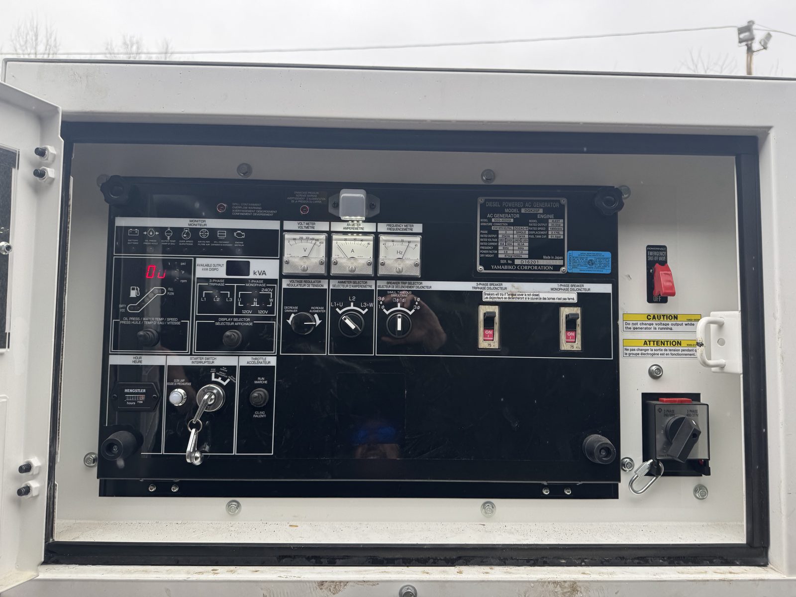 Generator control panel with volt, ammeter, and frequency gauges