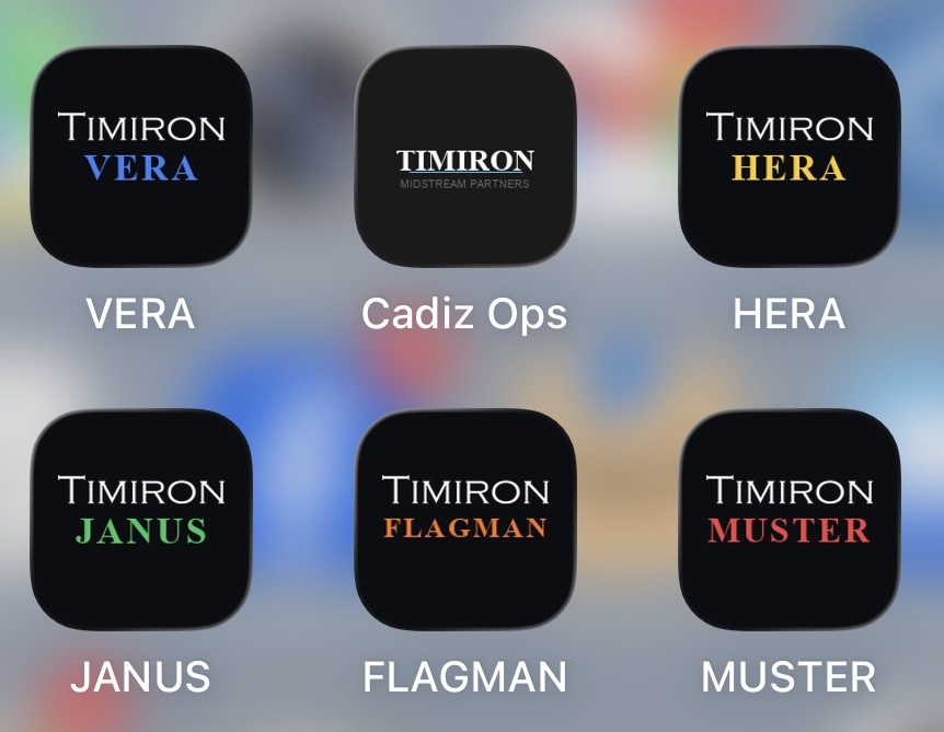 The TIMIRON suite of operations apps on a phone home screen